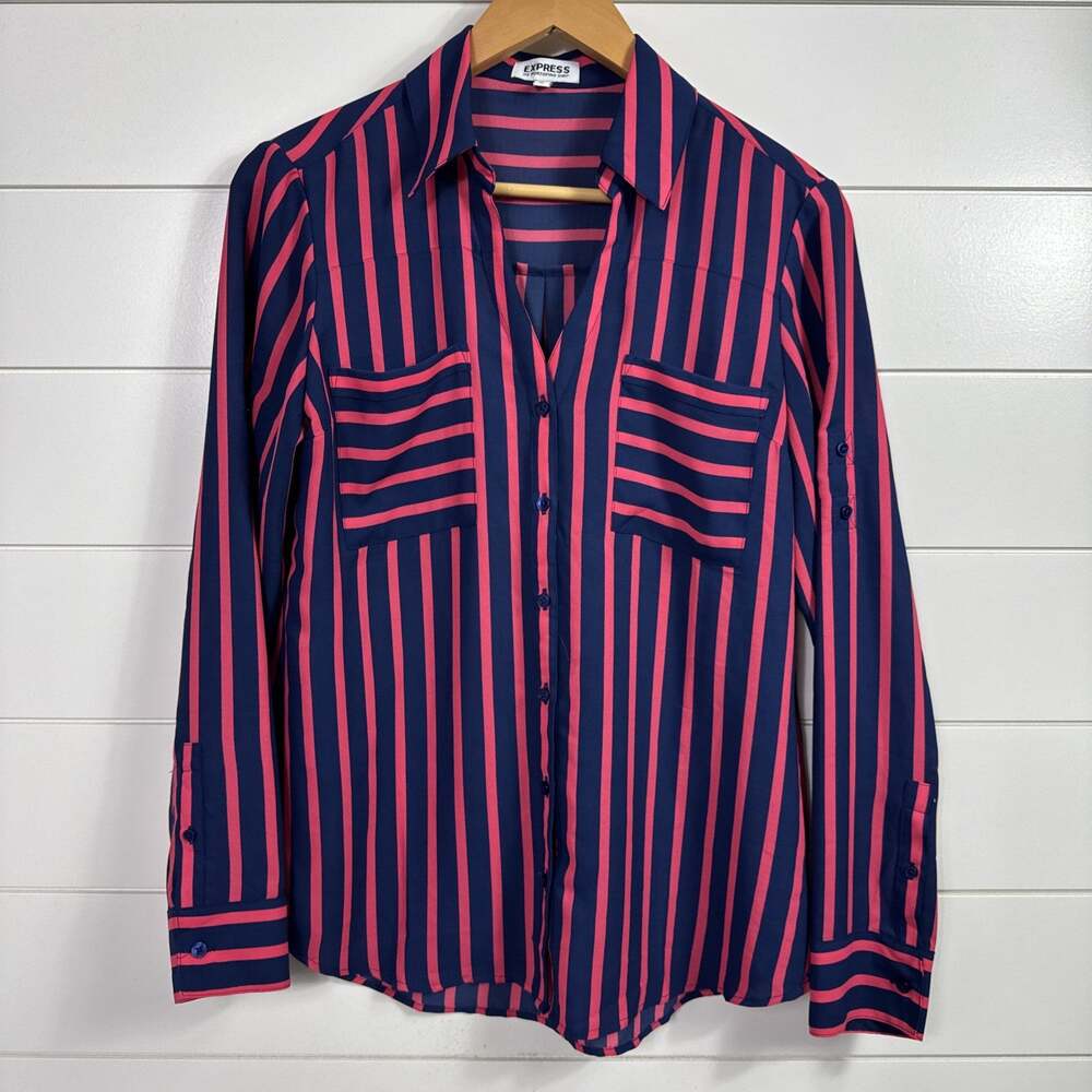 Express The Portofino Shirt Button Front Lightweight Blue Pink Stripe sz M